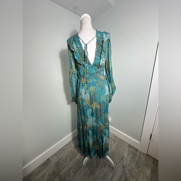 NEW Anthropologie The Odetta Ruffled V-Neck‎ Maxi LS flowy Dress Teal Size  M - Picture 10 of 17